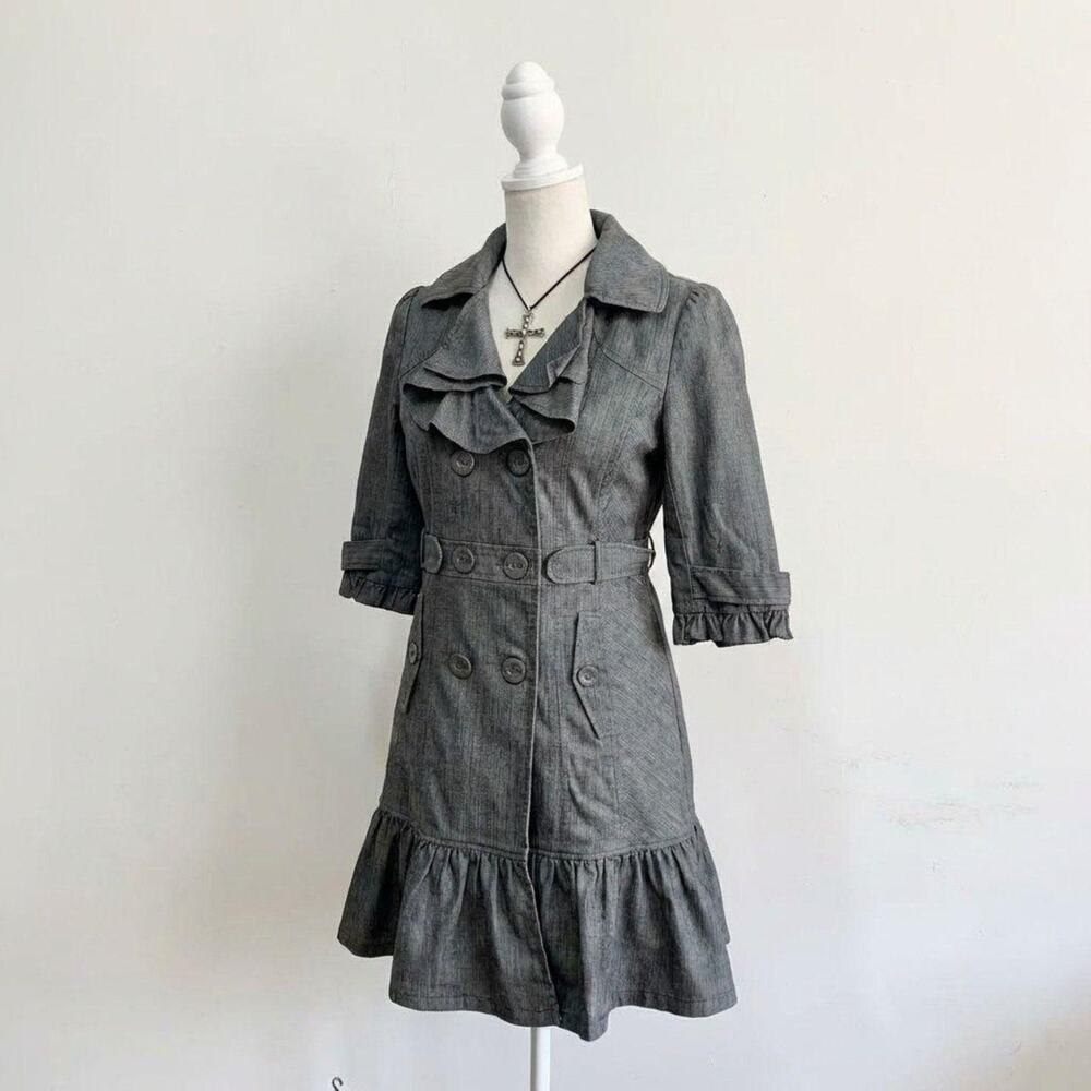 Y2K Gray Belted Trench Dress Ruffle Collar Double Breasted Mini